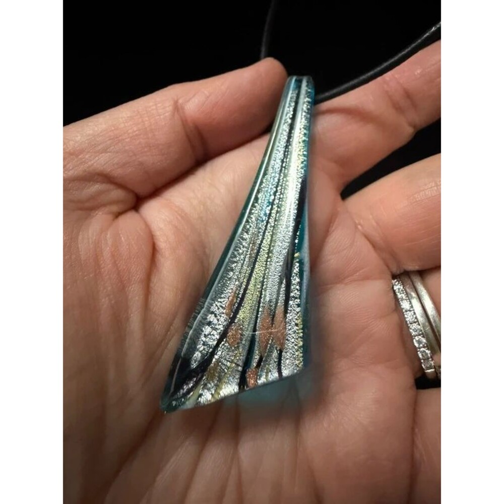 Blue Glass Shard Pendant Necklace, Faux Leather Cord 16"